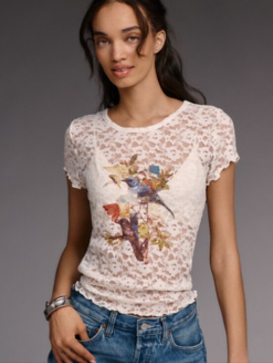 Anthropologie Tops - NWT Anthropologie White Lace Short-Sleeve Tee with Colorful Bird Print